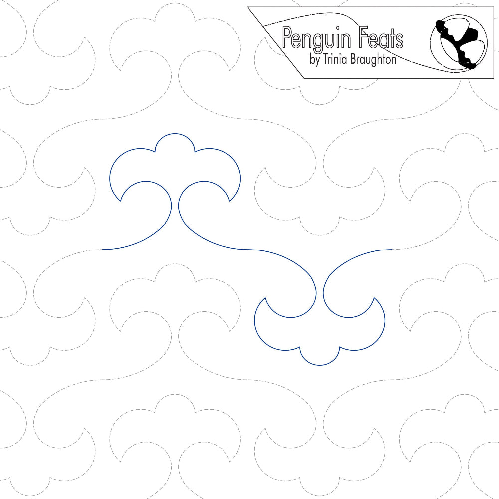 Continuous line design with cloud shapes and 'Penguin Feats' branding.