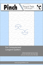 Quilting pattern sheet titled 'Pinch' by Penguin Feats with a blue and gray design on a light blue background.