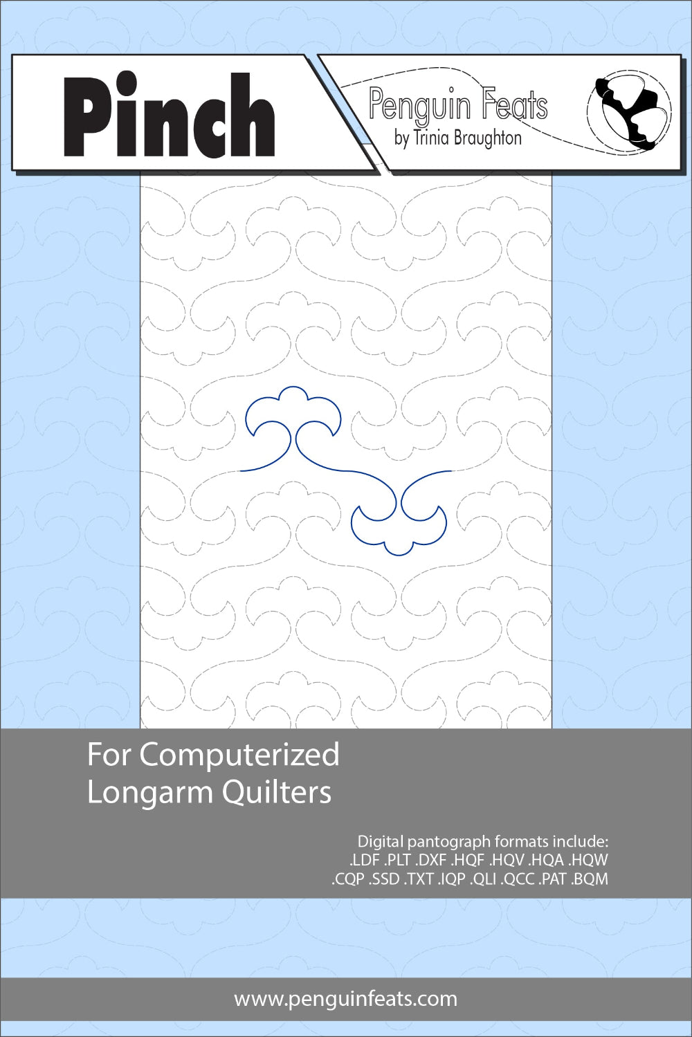 Quilting pattern sheet titled 'Pinch' by Penguin Feats with a blue and gray design on a light blue background.