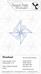 Quilting design settings page for a pinwheel pattern by Trinia Braughton with branding and technical details.