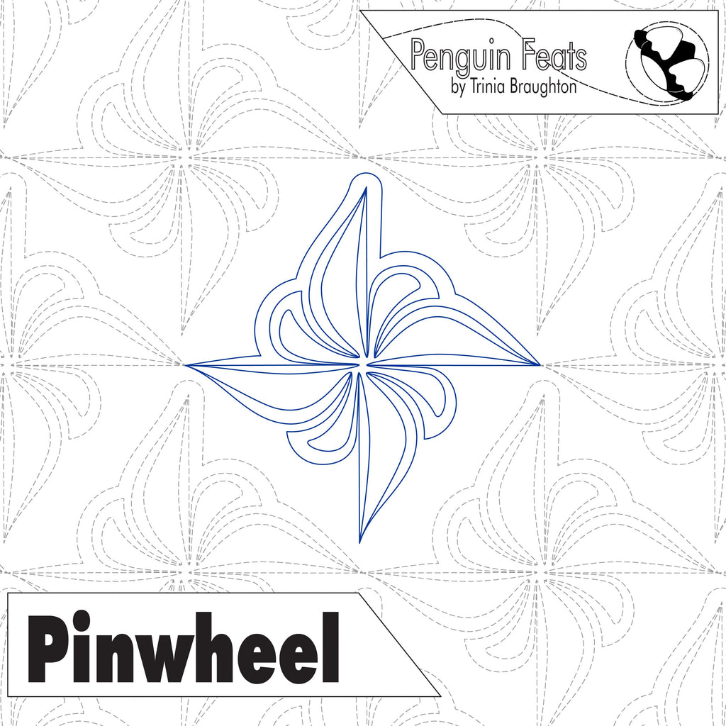 Quilt block design with a pinwheel pattern and 'Penguin Feats' branding.
