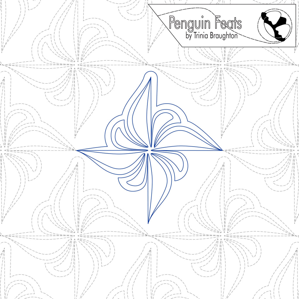 Quilting design with a blue star-like pattern on a white background, featuring the 'Penguin Feats' branding