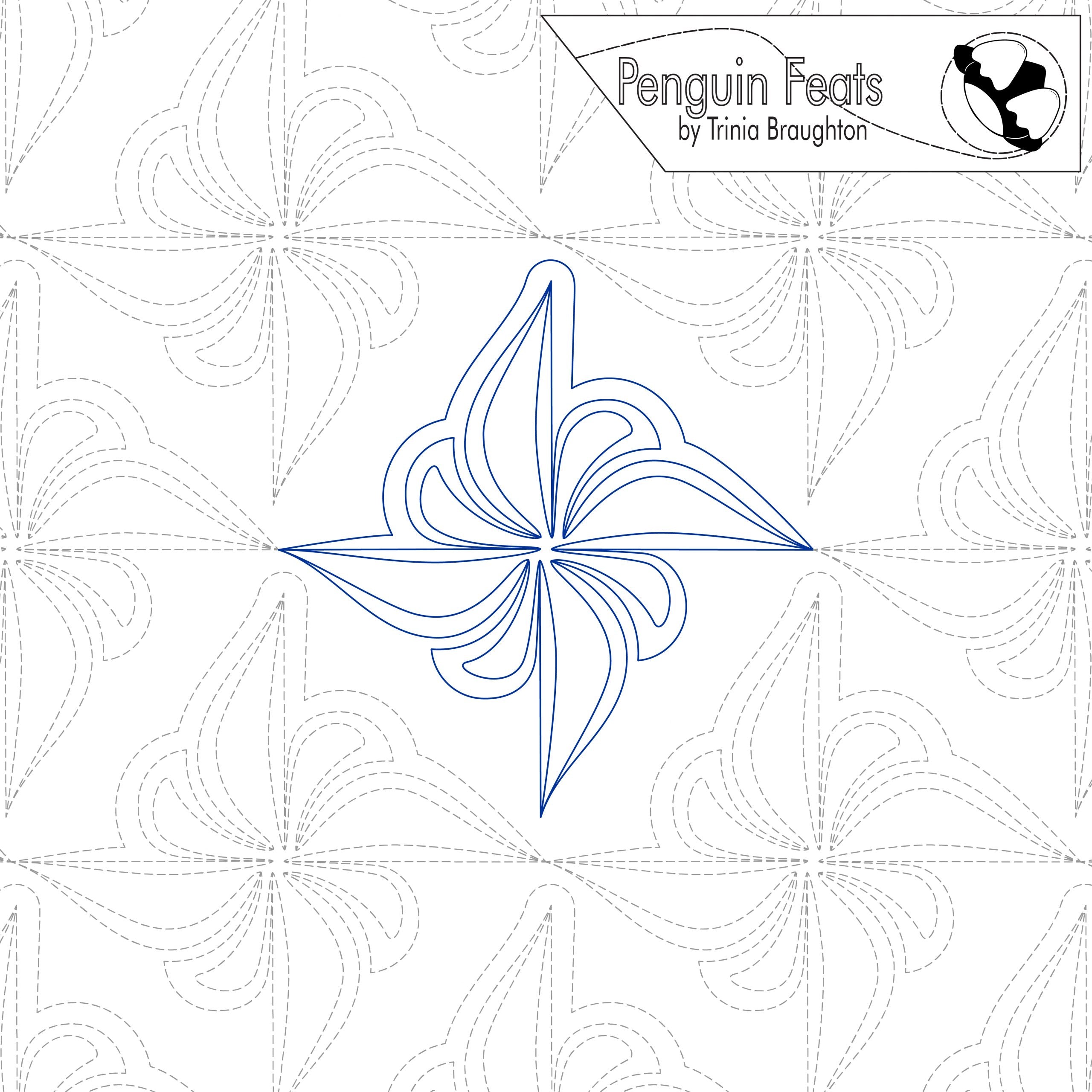 Quilting design with a blue star-like pattern on a white background, featuring the 'Penguin Feats' branding