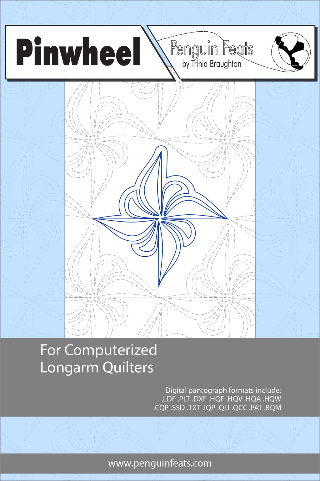 Pinwheel design for computerized longarm quilters with a blue and gray color scheme on a light blue background.