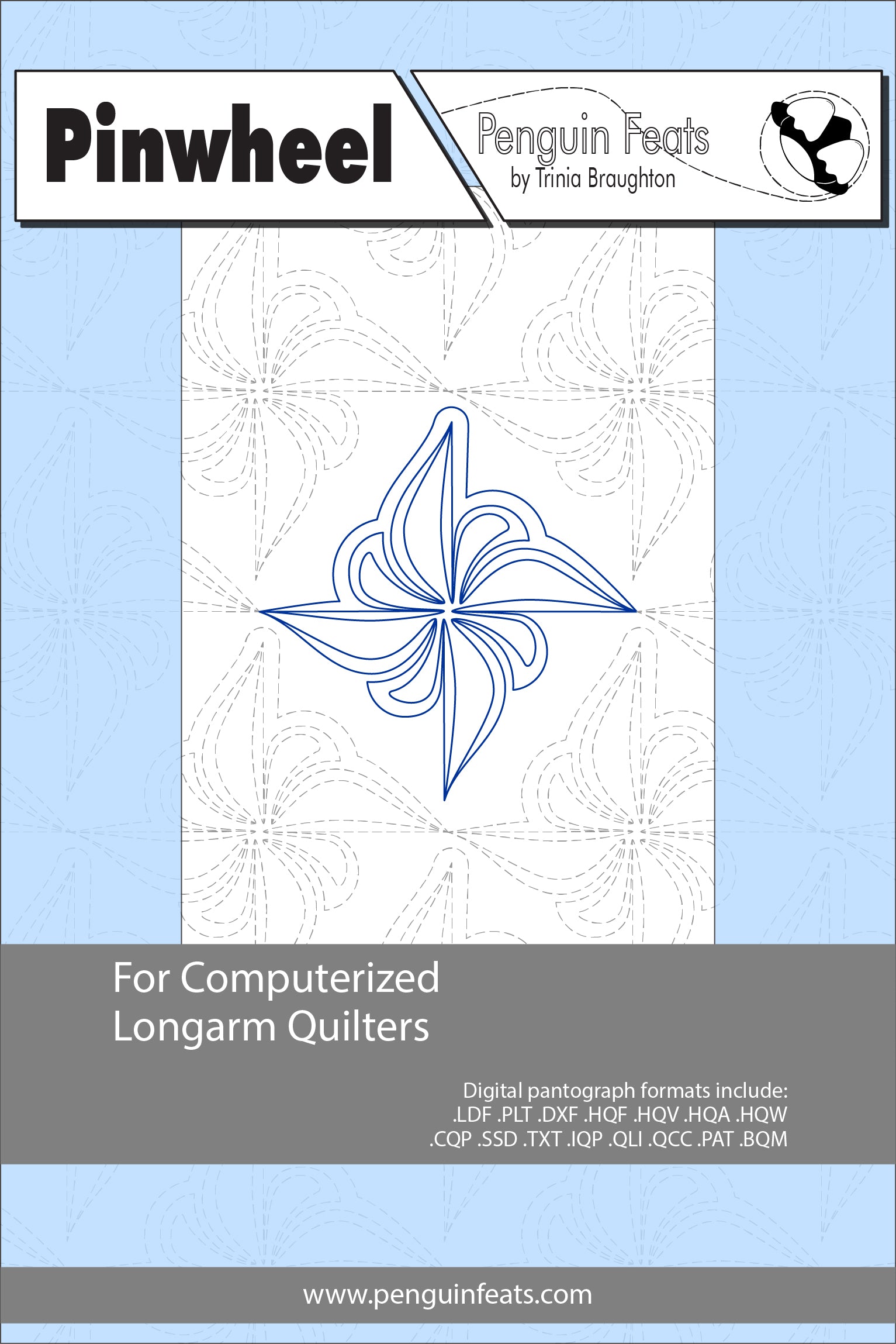 Pinwheel design for computerized longarm quilters with a blue and gray color scheme on a light blue background.