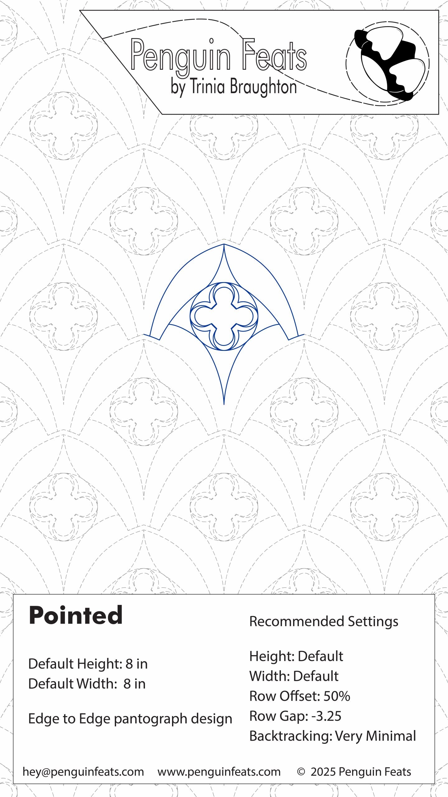 Penguin Feats by Trinia Braughton settings sheet for Pointed with a geometric arching design and text.
