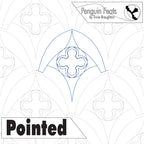 Design of a pointed arch with decorative elements on a white background, featuring the text 'Penguin Feats by Trinia Braughton' and 'Pointed'.