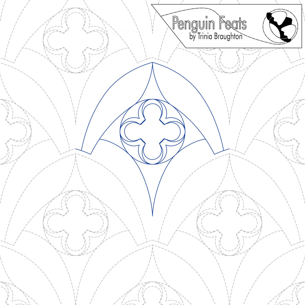 Design of a decorative arched window with decorative elements on a white background, featuring the brand 'Penguin Feats' by Trinia Braughton.