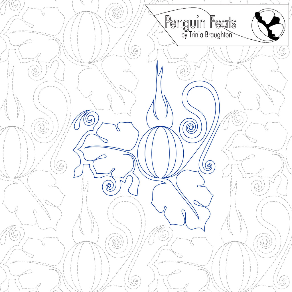 Outline design of a pumpkin with 'Penguin Feats' by Trinia Braughton branding.