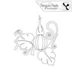 Black and white line drawing of a decorative pumpkin and leaf design with 'Penguin Feats' branding at the top.