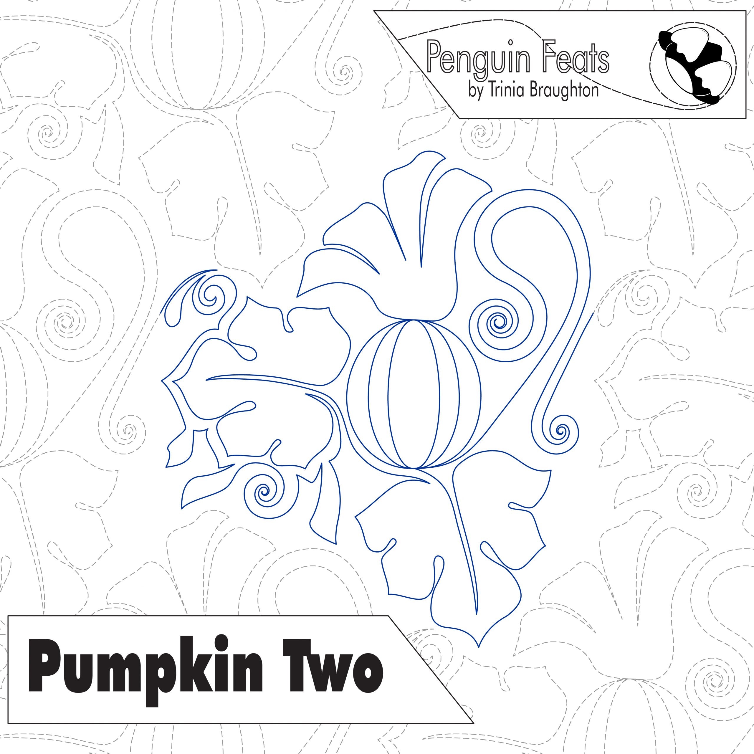 Outline of a pumpkin with decorative elements on a white background, featuring the brand 'Penguin Feats' by Trinia Braughton.