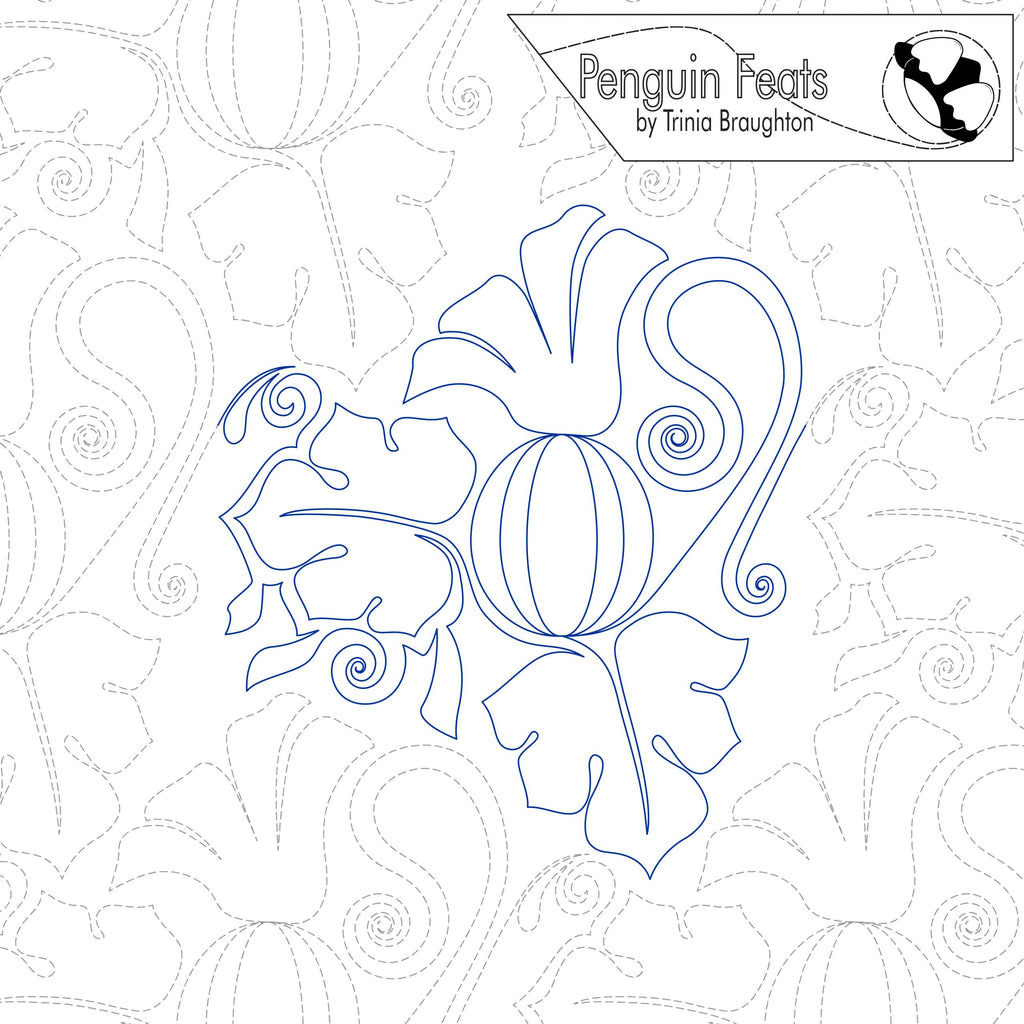 Continuous line illustration of pumpkin and leaves with 'Penguin Feats' branding