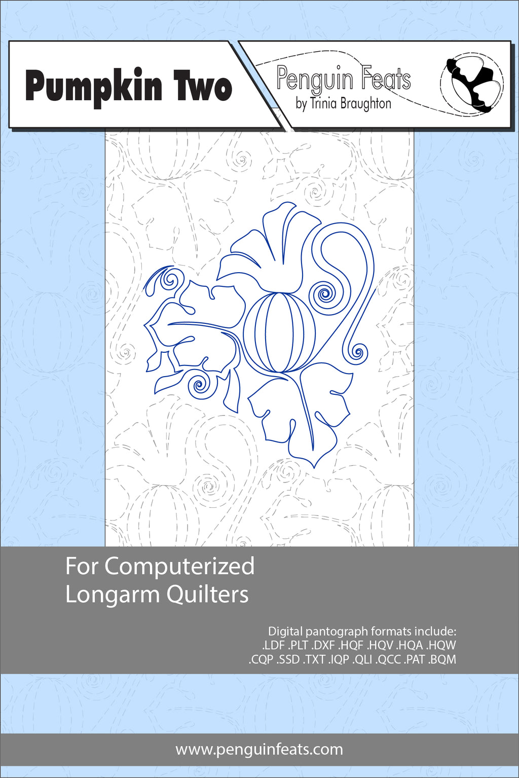 Design for computerized longarm quilters with a pumpkin illustration on a light blue background.