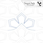 Geometric pattern with blue outlines on a white background, featuring the brand 'Penguin Feats' by Trinia Braughton.
