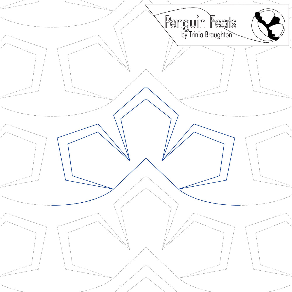 Geometric pattern with blue outlines on a white background, featuring the brand 'Penguin Feats' by Trinia Braughton.