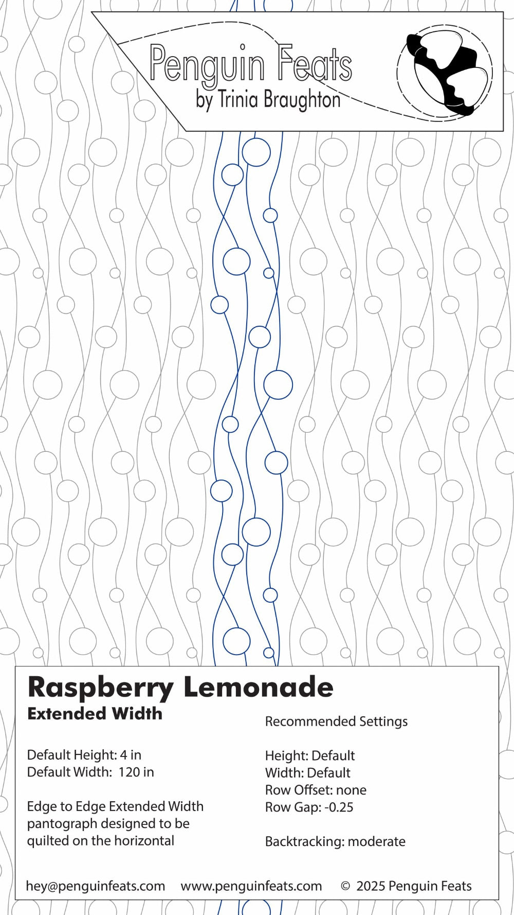 Penguin Feats design sheet for Raspberry Lemonade with design settings and branding information.