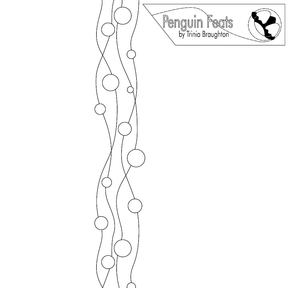 Black line art design with circular patterns on a white background, featuring the 'Penguin Feats' logo.