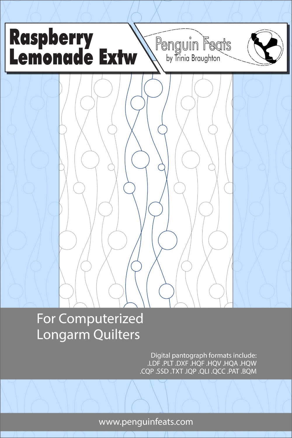 Pattern design for computerized longarm quilters with a blue and gray design on a light blue background.