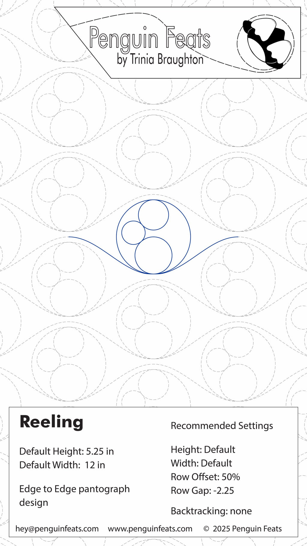 Design settings for Reeling digital quilt design of a geometric design with text and branding at the top.