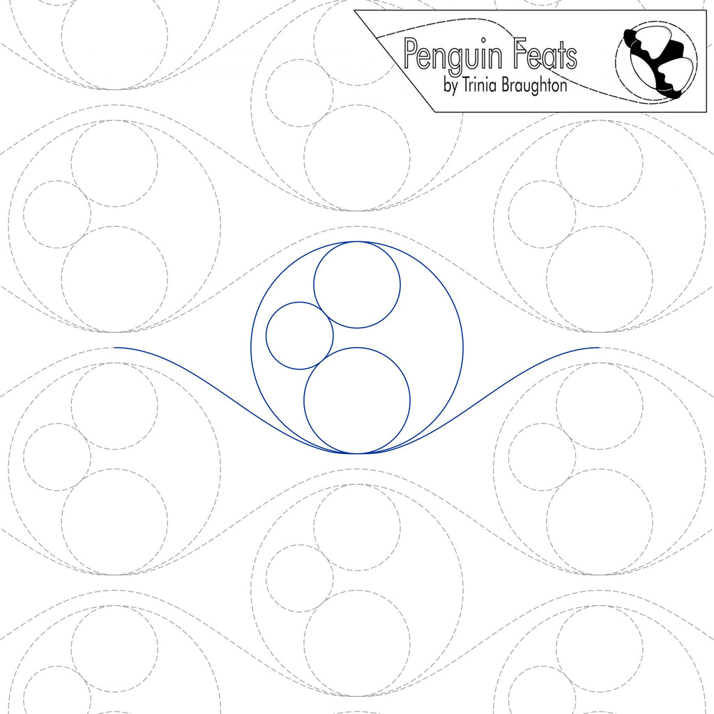 Quilting pantograph with concentric circles and 'Penguin Feats' branding.