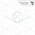 Quilting pantograph with concentric circles and 'Penguin Feats' branding.