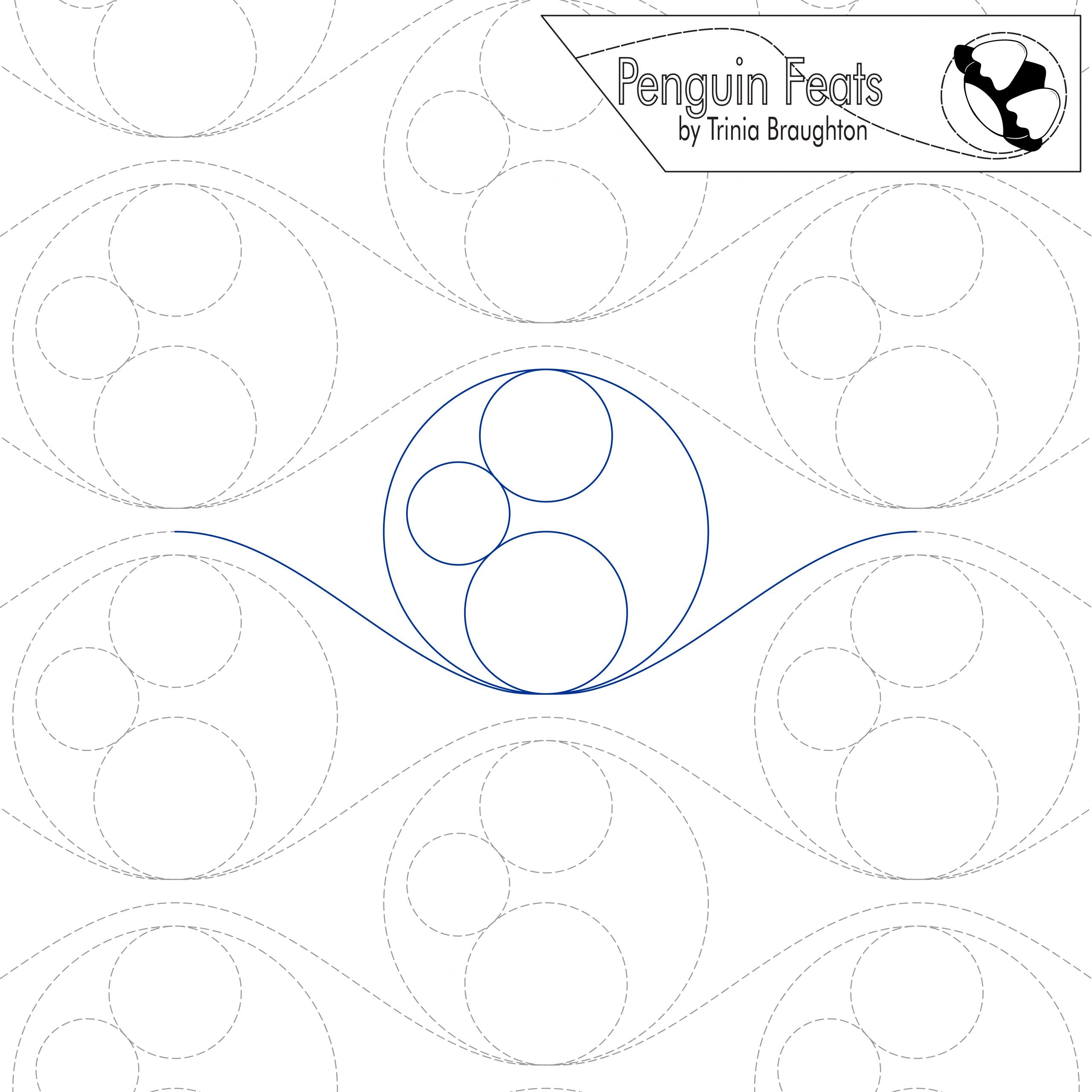 Quilting pantograph with concentric circles and 'Penguin Feats' branding.