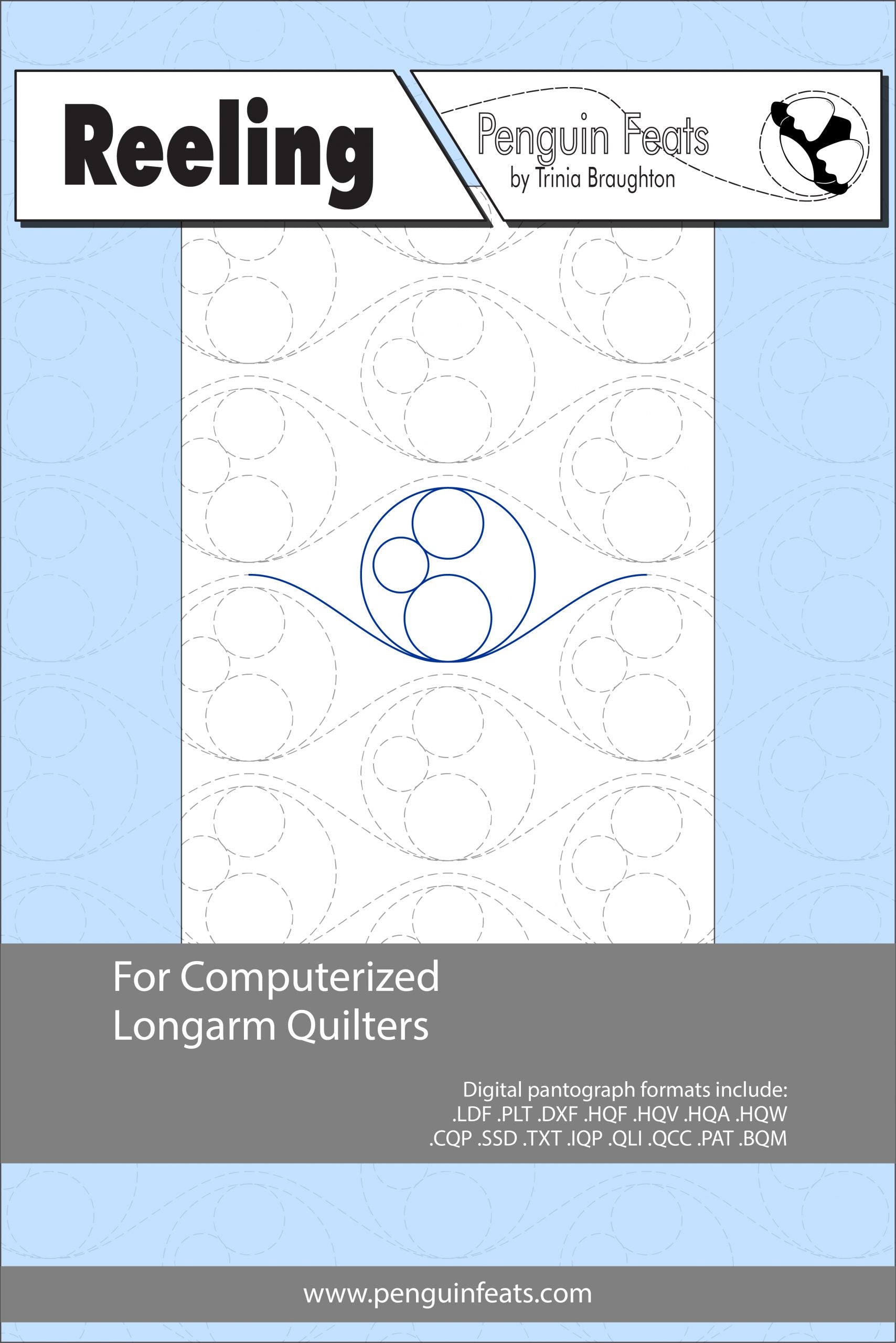 Design sheet for computerized longarm quilters with geometric design and branding.