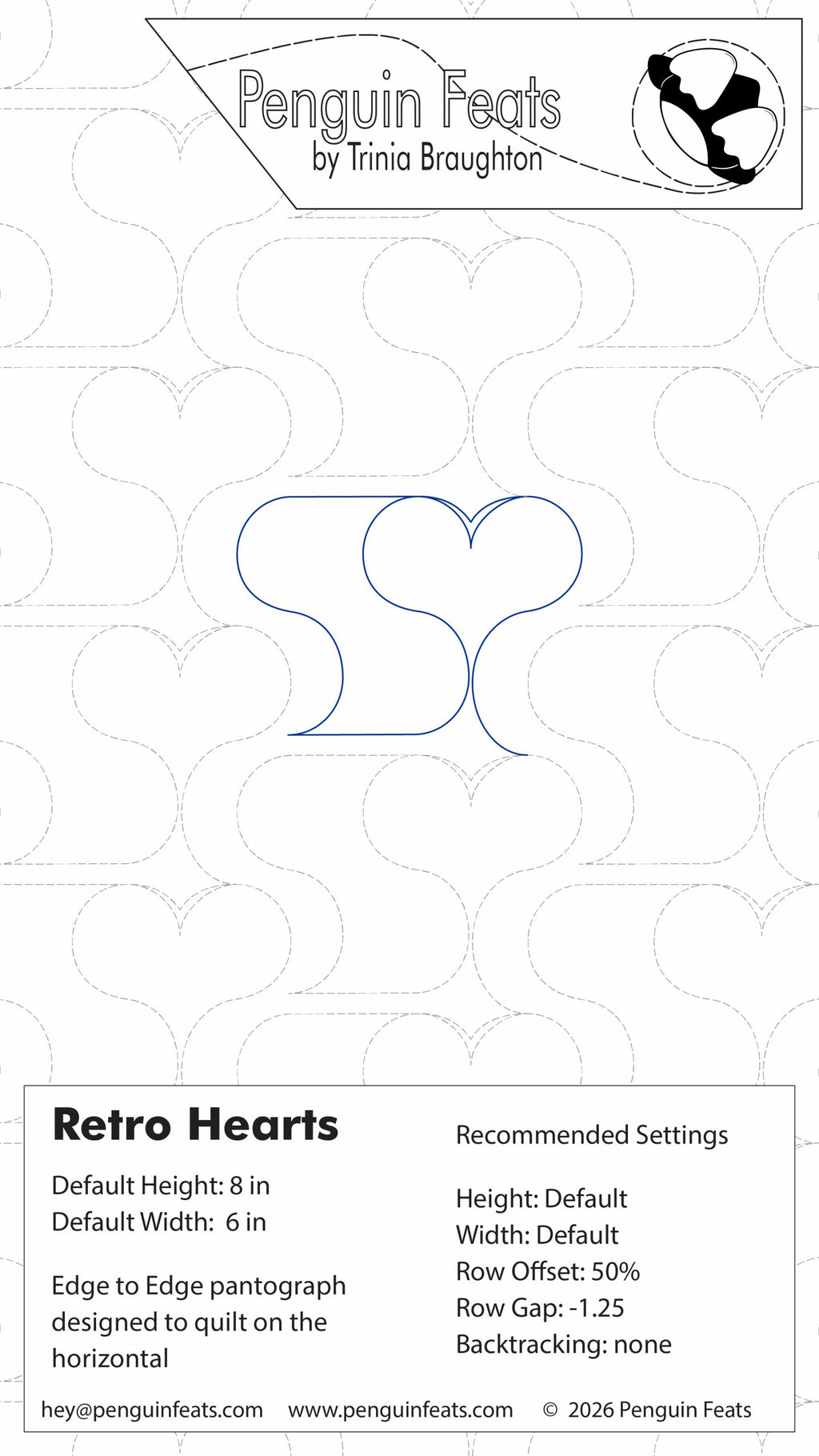 Penguin Feats pattern card for Retro Hearts with design and settings information.