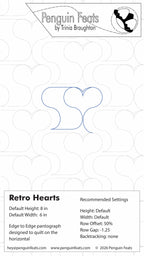 Penguin Feats pattern card for Retro Hearts with design and settings information.