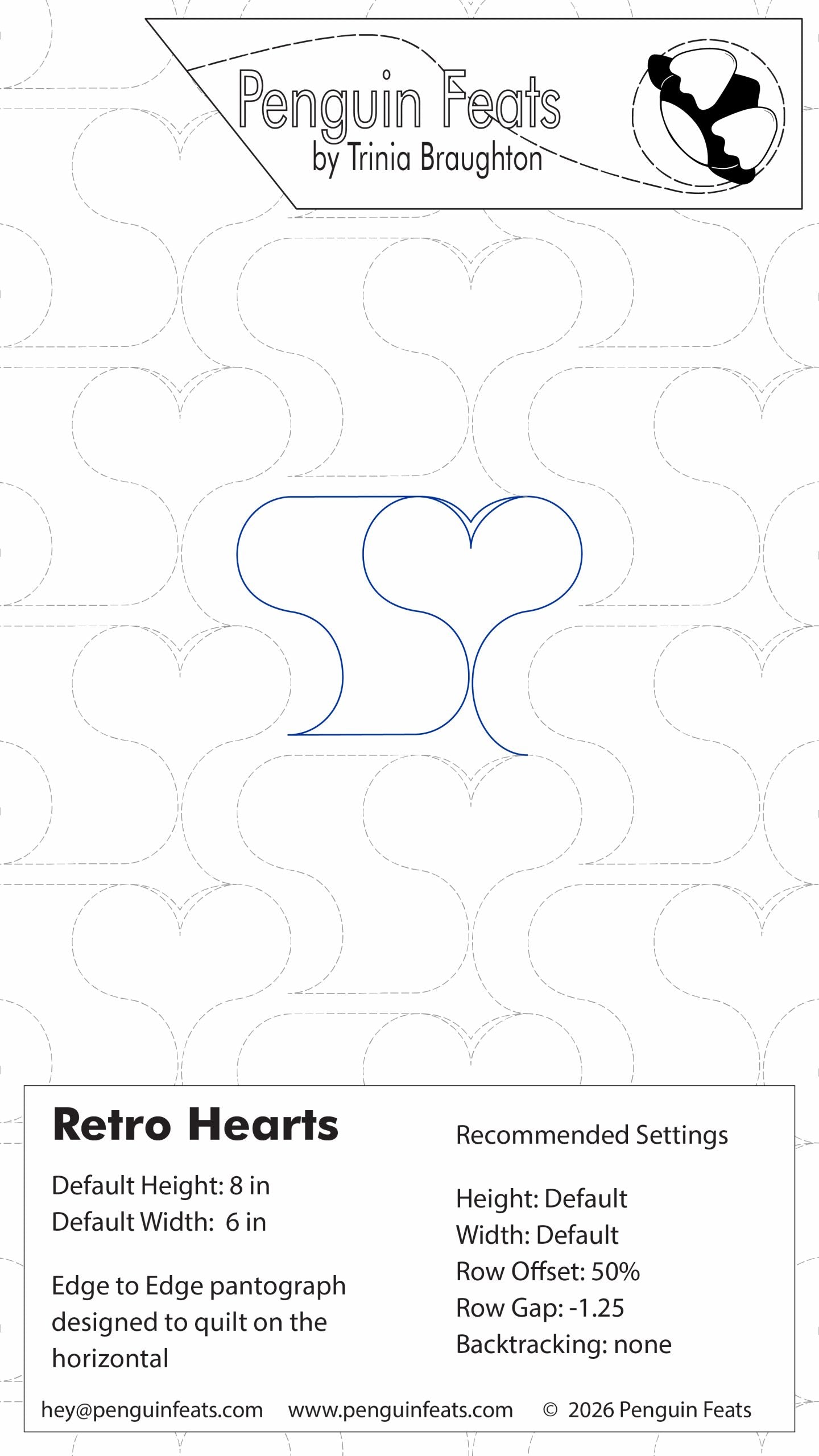 Penguin Feats pattern card for Retro Hearts with design and settings information.