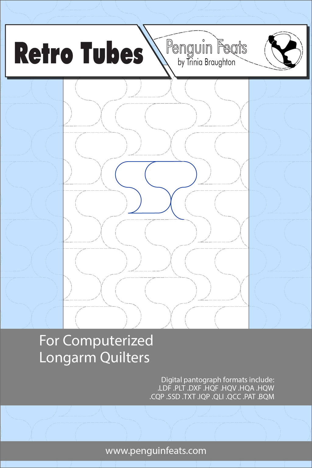 Pattern sheet for computerized longarm quilters with a blue and gray design on a white background.