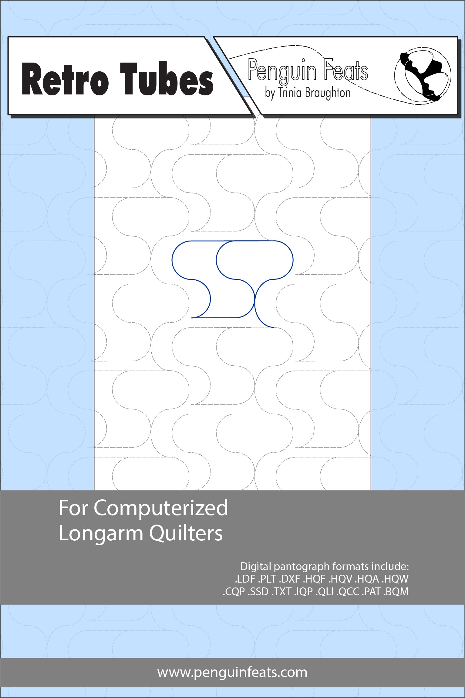 Pattern sheet for computerized longarm quilters with a blue and gray design on a white background.