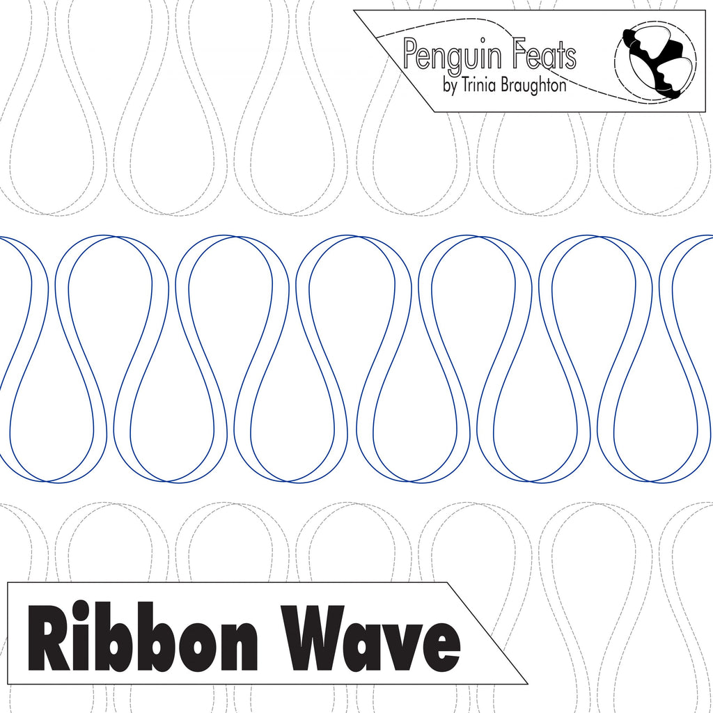 Design pattern with ribbon wave shapes and 'Penguin Feats' branding.