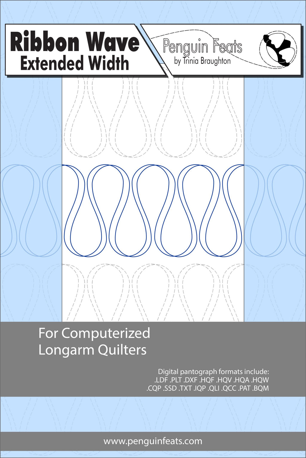 Pattern for computerized longarm quilters with ribbon wave design on a blue background