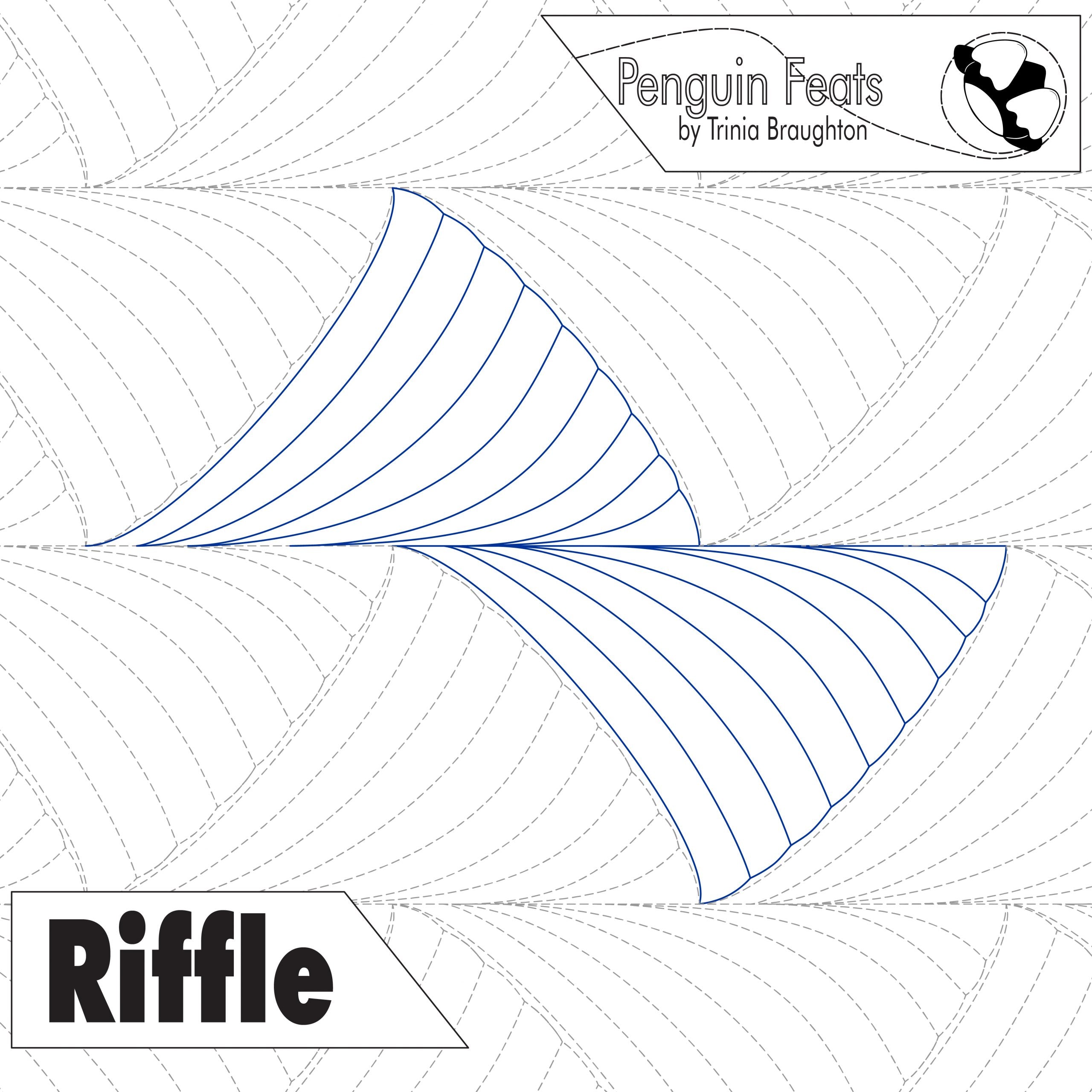 Quilt block design with 'Penguin Feats' and 'Riffle' text, featuring a whale tail pattern.