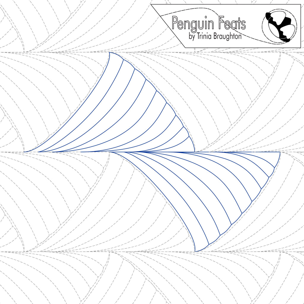 Continuous line design with blue lines on a white background, featuring the 'Penguin Feats' by Trinia Braughton logo.