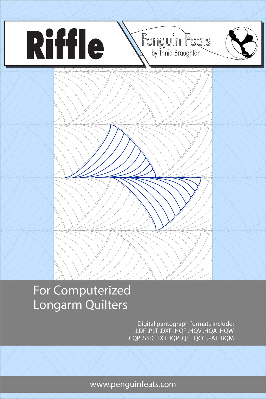 Quilting design sheet with blue lines on a white background, featuring the brand 'Riffle' and 'Penguin Feats'.