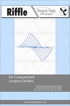 Quilting design sheet with blue lines on a white background, featuring the brand 'Riffle' and 'Penguin Feats'.