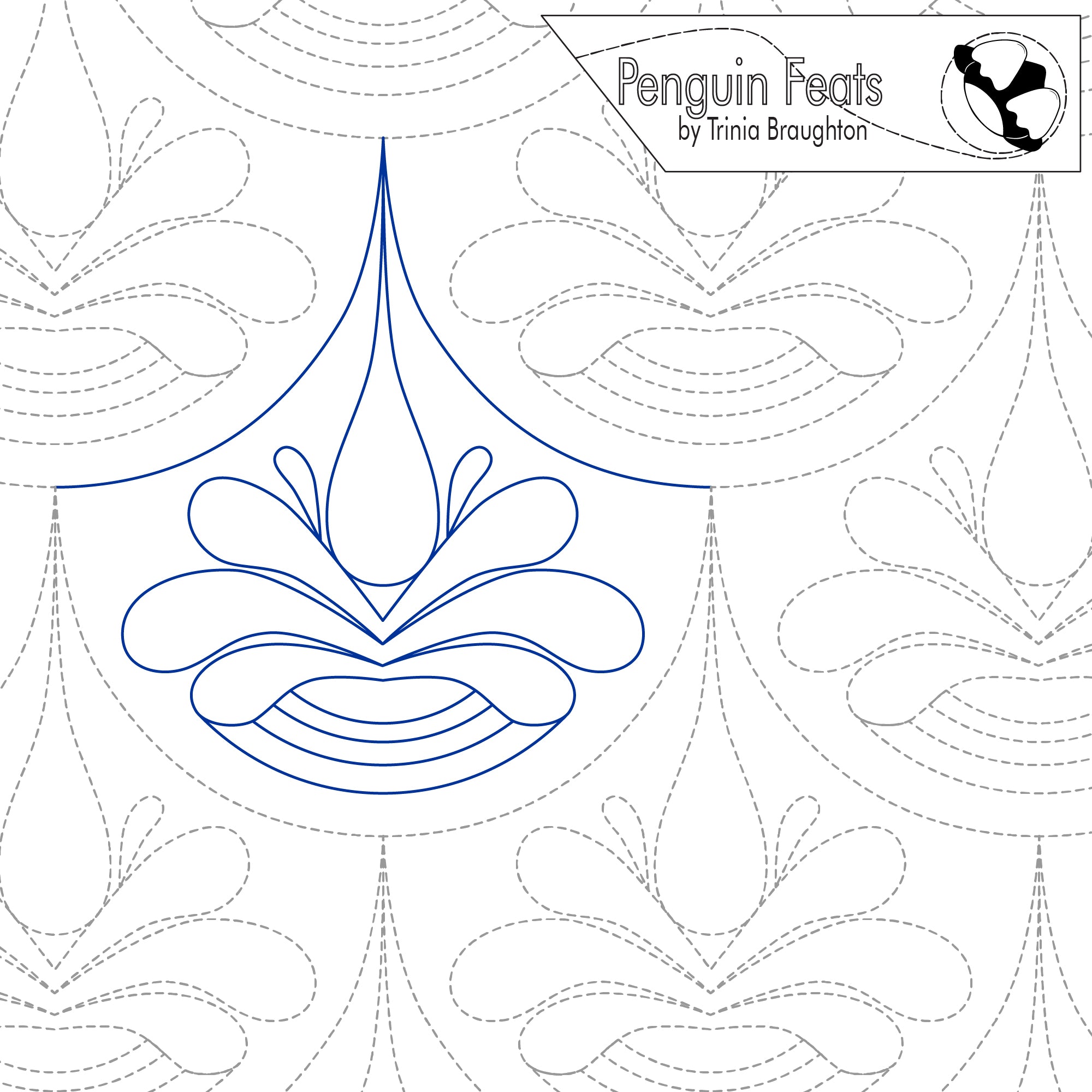 Water drop design with blue drips pattern and 'Penguin Feats' branding.
