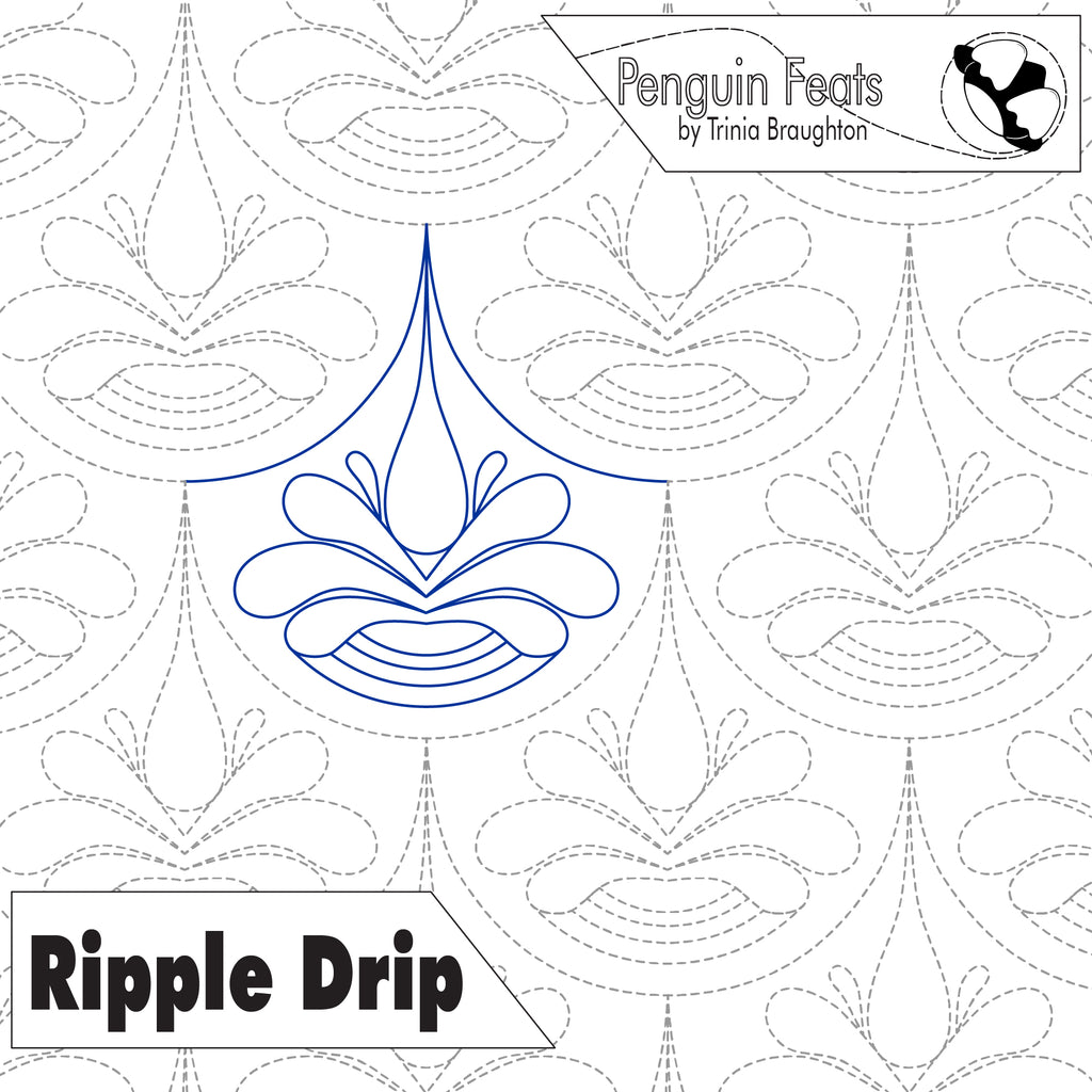 Quilting design with 'Ripple Drip' design and 'Penguin Feats' branding.