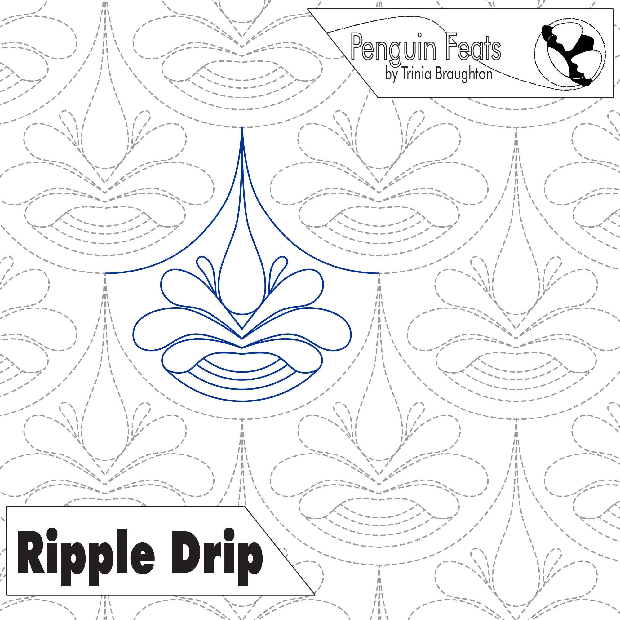 Quilting design with 'Ripple Drip' design and 'Penguin Feats' branding.