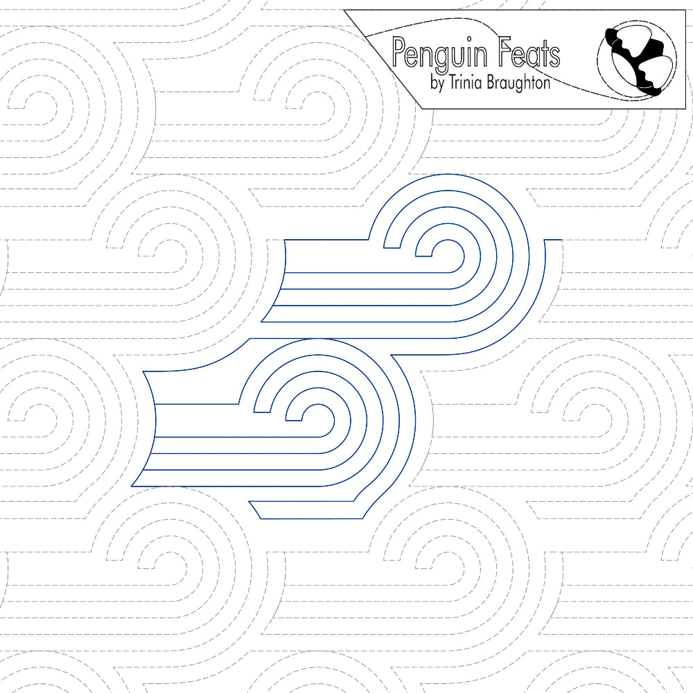 Design with geometric patterns and 'Penguin Feats' branding on a white background
