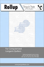 Pattern information sheet for computerized longarm quilters with a blue and gray design on a light blue background.