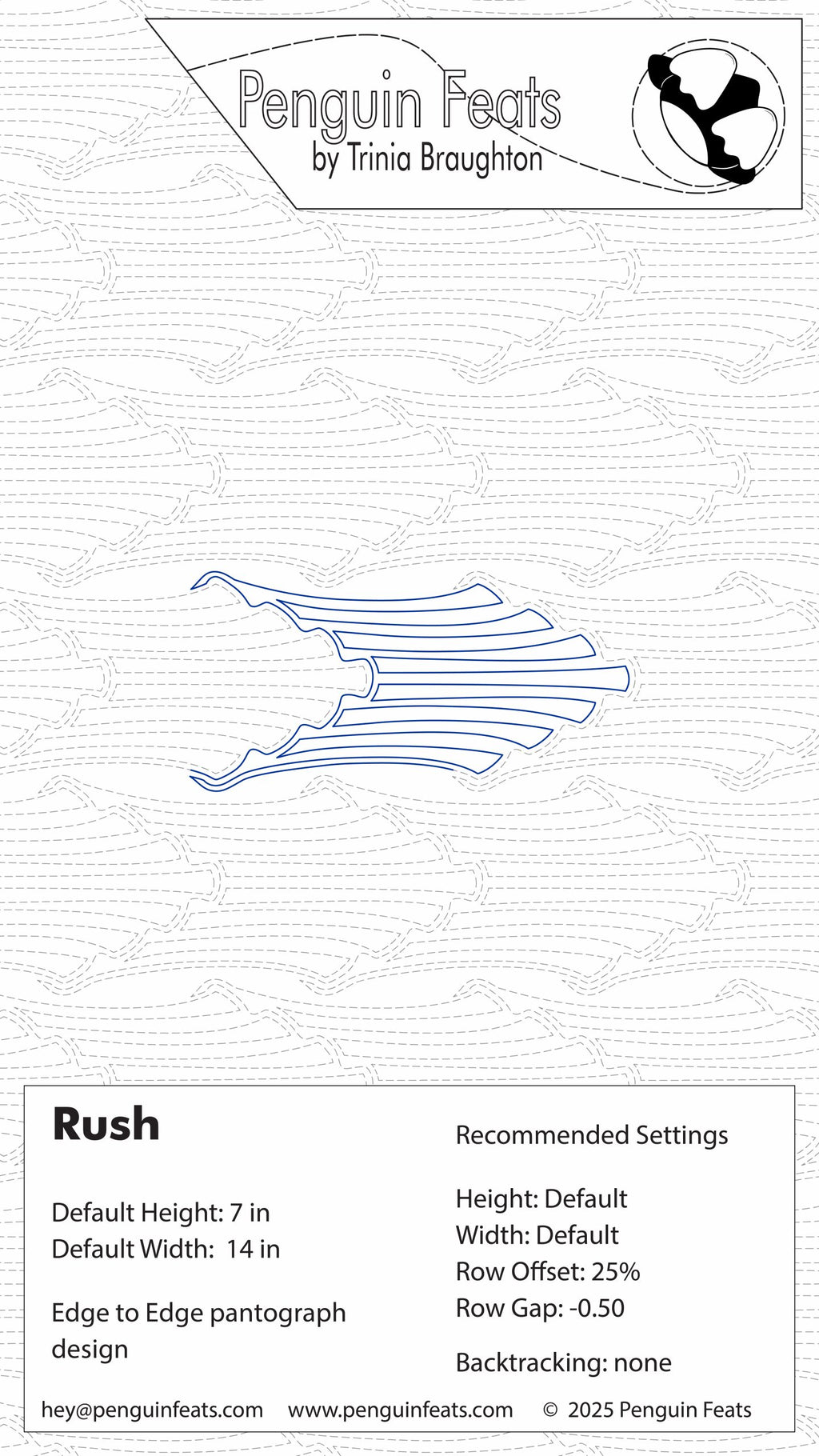 Design sheet for Rush, a flowing movement of lines with settings and Penguin Feats branding