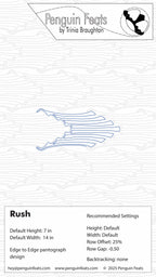 Design sheet for Rush, a flowing movement of lines with settings and Penguin Feats branding