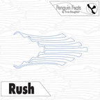 Outline illustration of waves with 'Penguin Feats branding and 'Rush' text on a textured background.