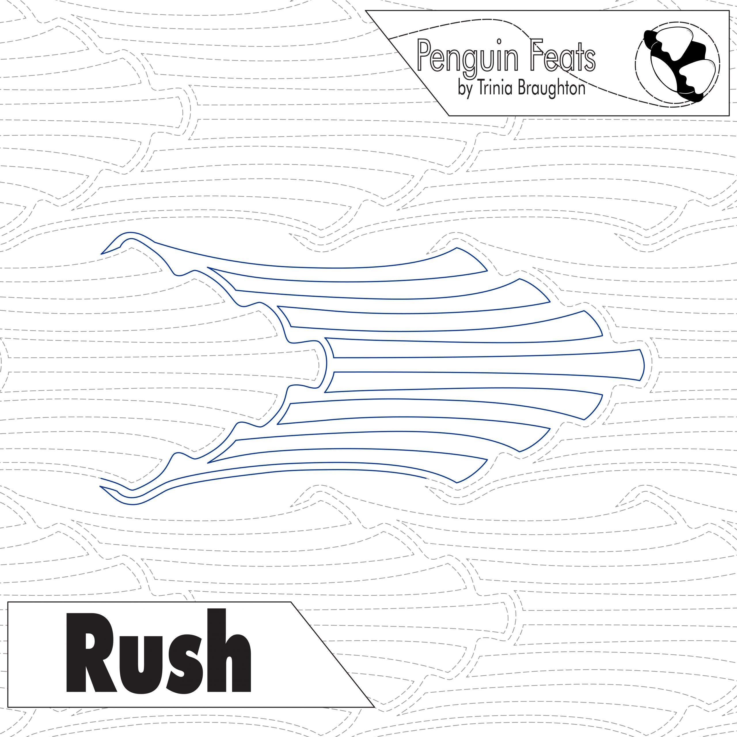 Outline illustration of waves with 'Penguin Feats branding and 'Rush' text on a textured background.