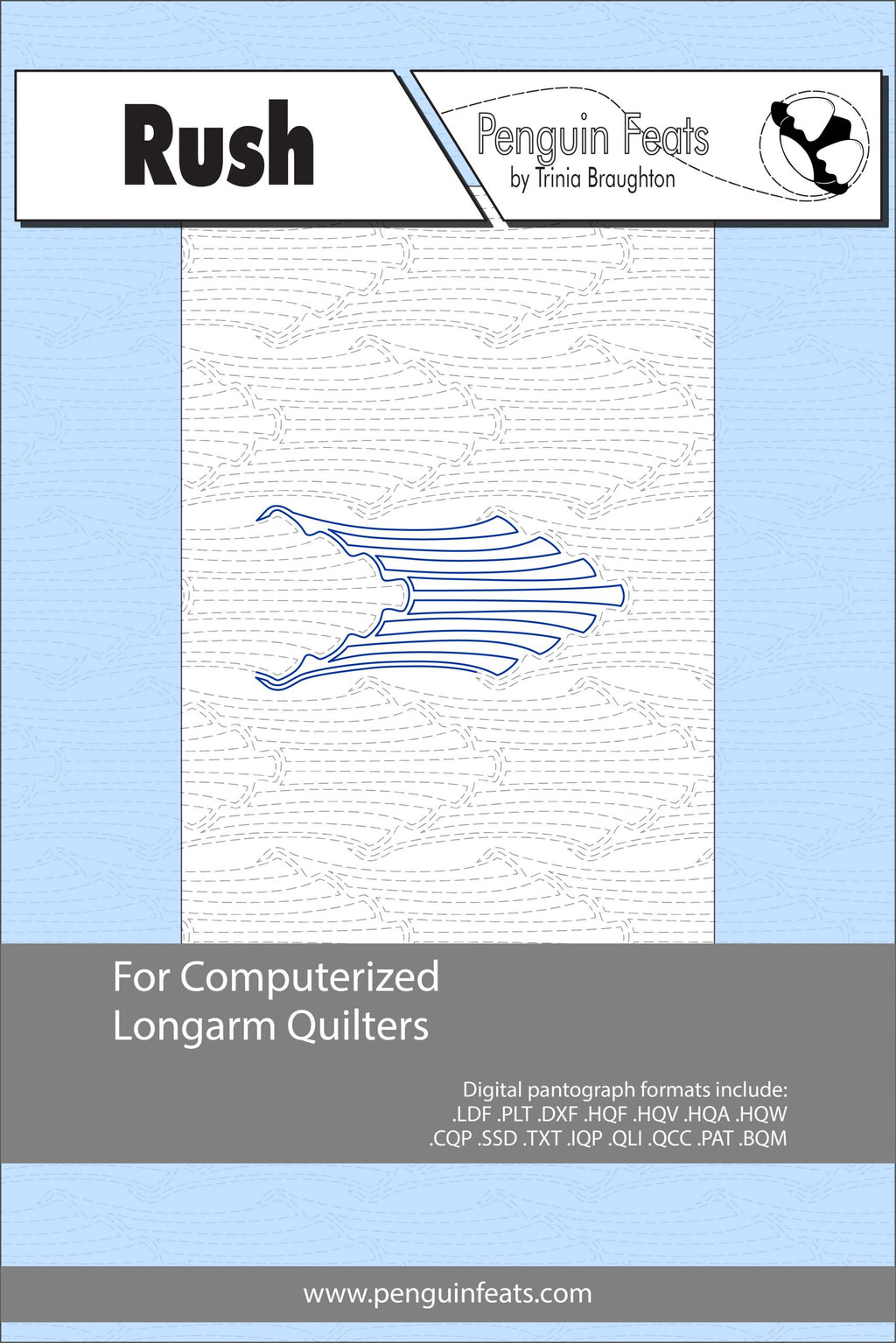 Penguin Feats pattern sheetk for computerized longarm quilters with a blue and gray design on a white background.