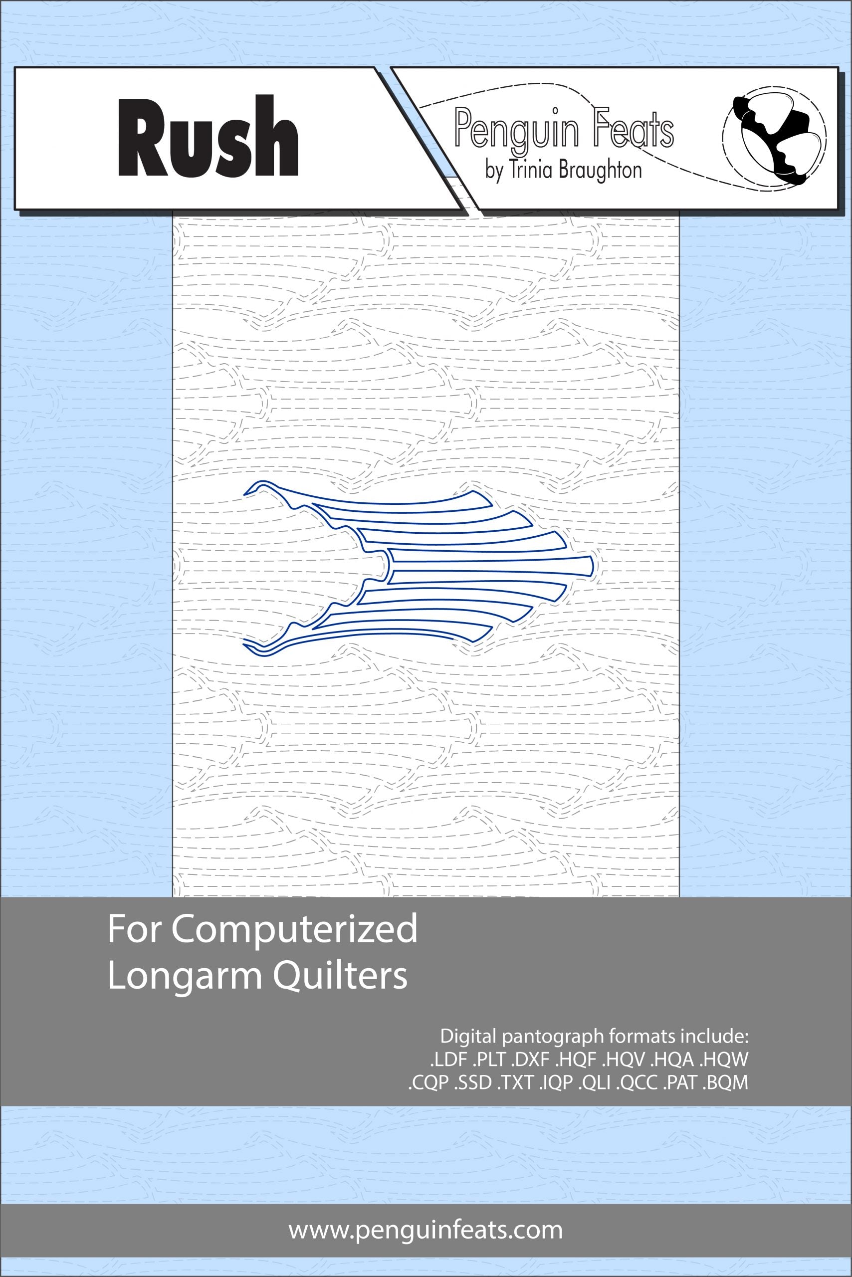 Penguin Feats pattern sheetk for computerized longarm quilters with a blue and gray design on a white background.