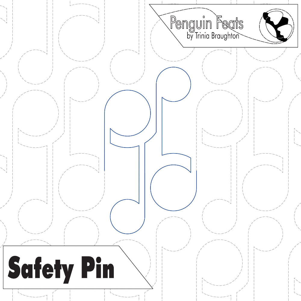 Outline of a safety pin on a patterned background with 'Penguin Feats' branding.